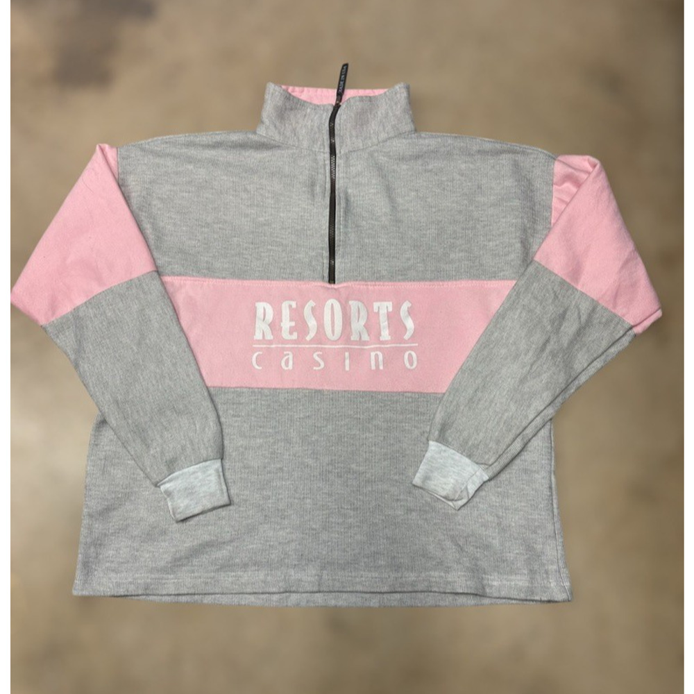 Vintage Resorts Casino Quarter Zip Pullover Pink Gray Colorblock Sweatshirt USA